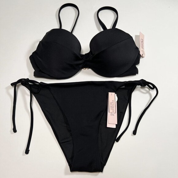 Victoria Secret 32C S Twist Front Push Up Bikini Top Cheeky Bottom Set Black - Picture 1 of 7